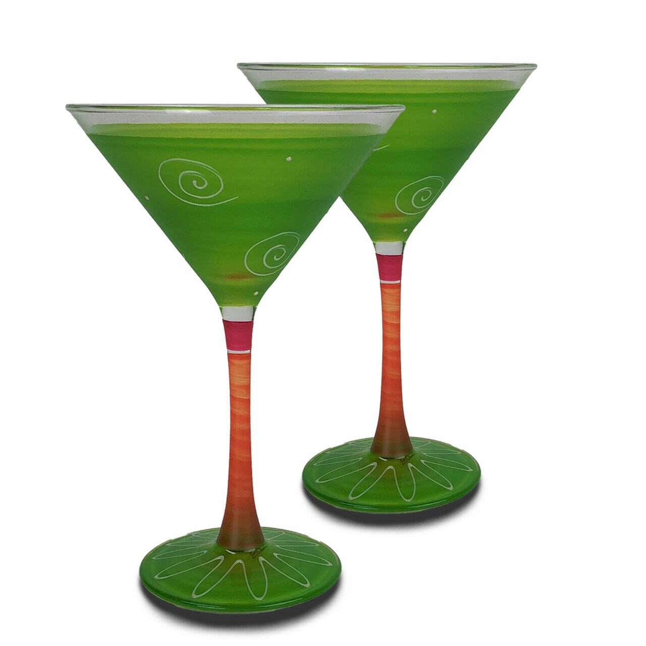 Golden Hill Studio Set of 2 Green and Orange Contemporary Hand Painted Wine Glasses 7.5 oz.